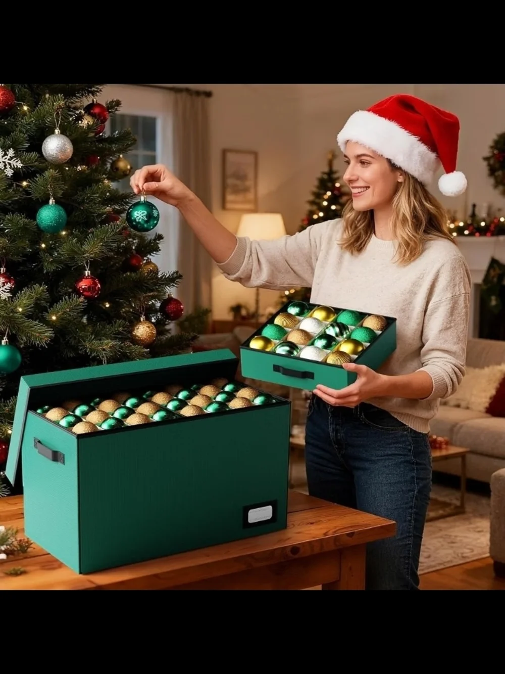 Green Holiday Ornament Storage Organizer with Drawers